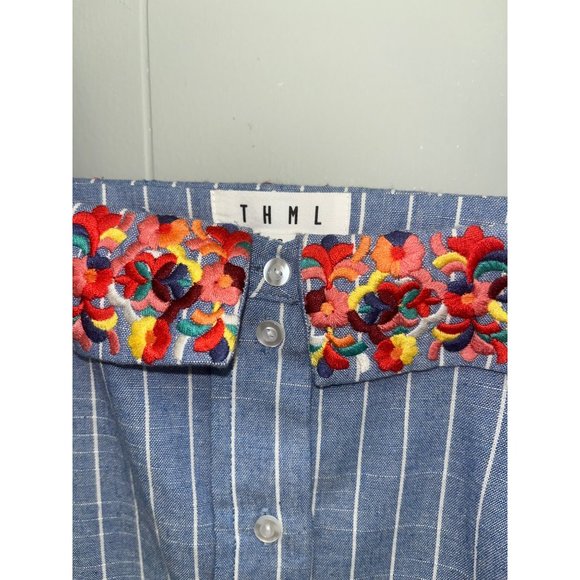 Anthropologie THML‎ Striped Button Down Embroidery Mini Dress Size XS - Picture 5 of 7